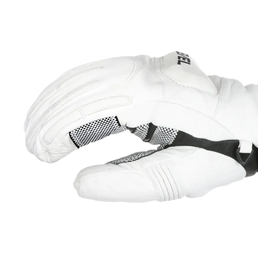 A Level Race Mitten featuring premium waterproof goat leather construction, padded knuckle and backhand impact protection, silicone palm grip, and adjustable neoprene wrist cuffs.