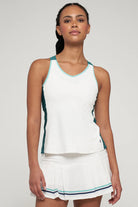 Lija Elite Ladder Women's Tennis Tank featuring lightweight performance fabric, moisture-wicking comfort, breathable construction, and athletic styling.