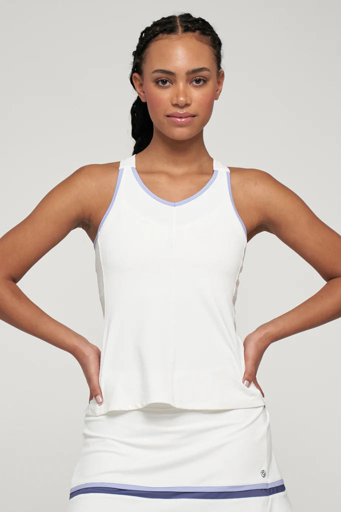 Lija Elite Ladder Women's Tennis Tank featuring lightweight performance fabric, moisture-wicking comfort, breathable construction, and athletic styling.