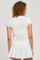Lija Women's New Stripe Fluid Tennis Tee featuring lightweight performance fabric, moisture-wicking comfort, breathable construction, and modern striped styling.