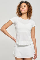 Lija Women's New Stripe Fluid Tennis Tee featuring lightweight performance fabric, moisture-wicking comfort, breathable construction, and modern striped styling.