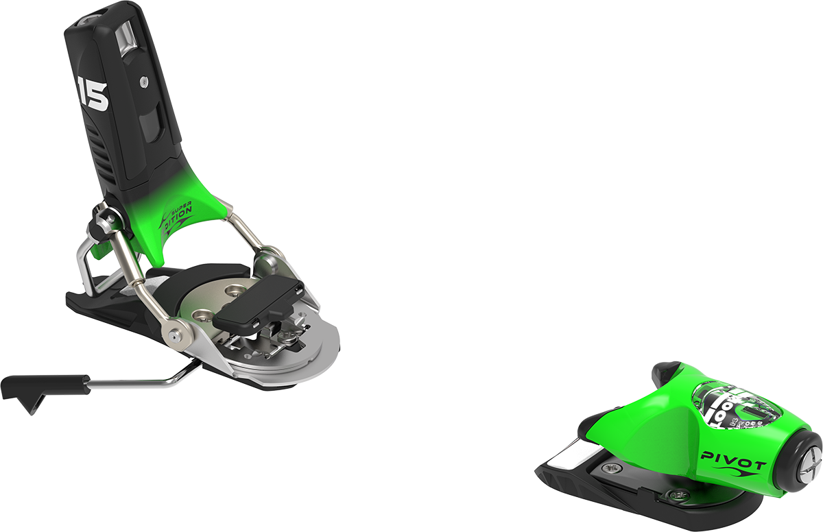 A pair of green and black Look Pivot 15 Super edition ski bindings.
