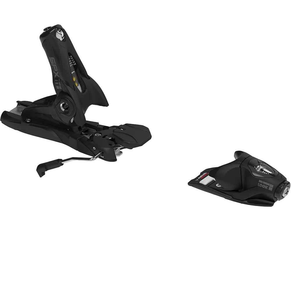 A black Look SPX 11 ski binding that is designed for advanced all-mountain skiing.
