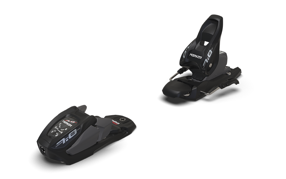 A black and grey Marker 7 Din Junior ski binding that is intended for use with all-mountain kids' skis.