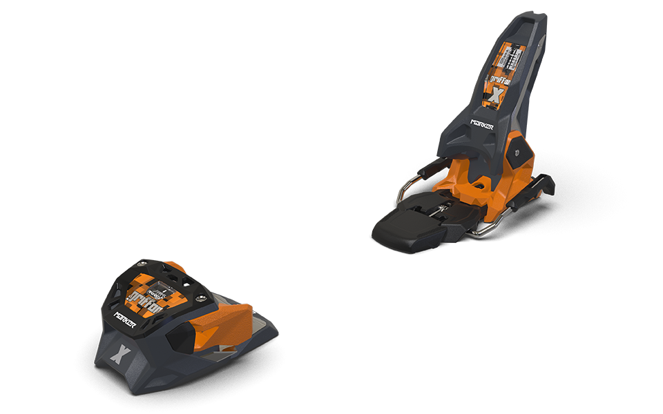 An orange and graphite 2027 Marker Griffon X 13 ski binding that is designed to pair with the Volkl Mantra M7 skis.