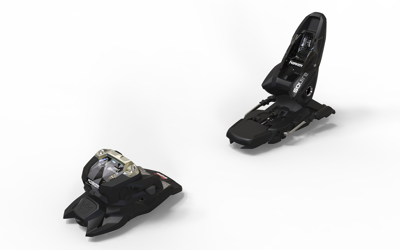 A black Marker Squire 11 binding that is intended for all-mountain skiing.
