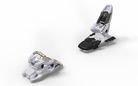 A white Marker Squire 11 binding that is intended for all-mountain skiing.