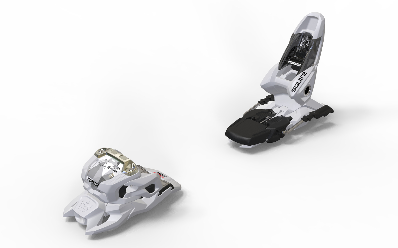 A white Marker Squire 11 binding that is intended for all-mountain skiing.