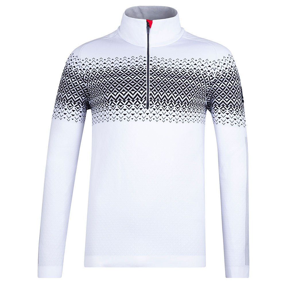 A white and black Newland Men's Beaver Creek 1/2 Zip Turtleneck midlayer sweater that is moisture-wicking, breathable, and stretchable.