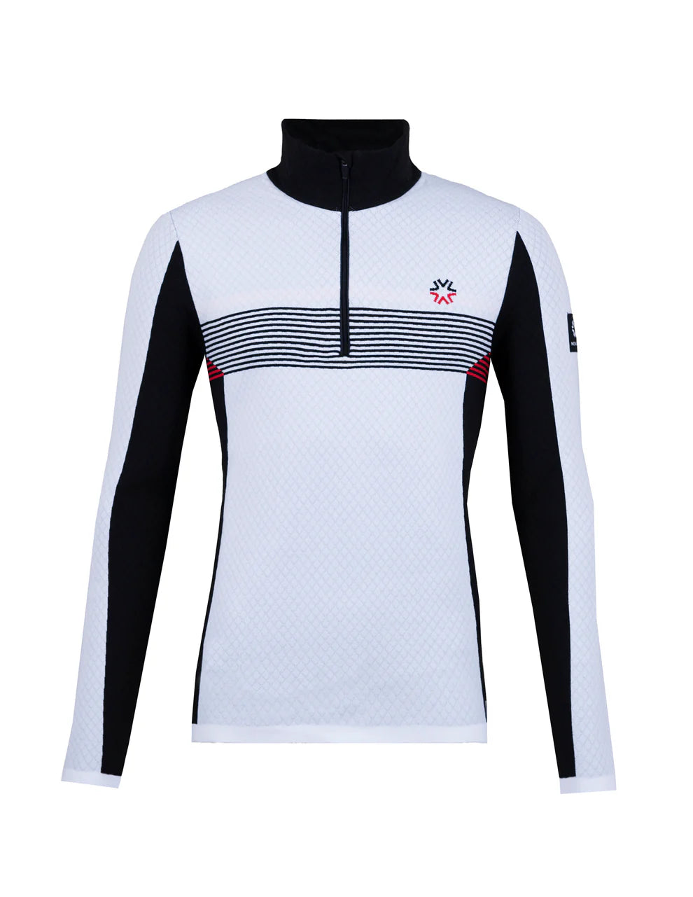 A white and black Newland Men's Jupiter 1/2 Zip t-neck sweater that is moisture-wicking, breathable, and stretchable.