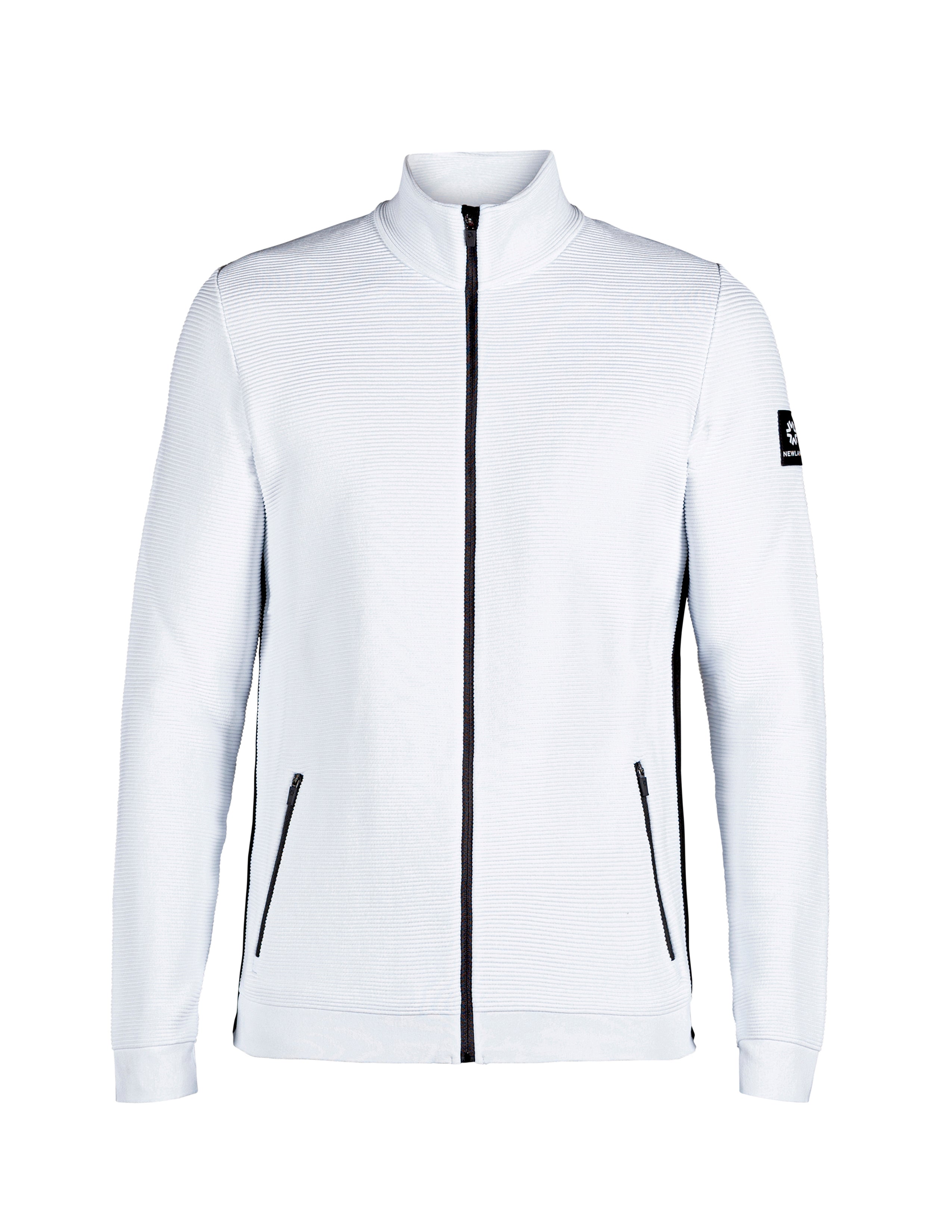 A white Newland Men's Valtournenche Jacket that is lightweight, breathable, stretchable, and moisture-wicking.