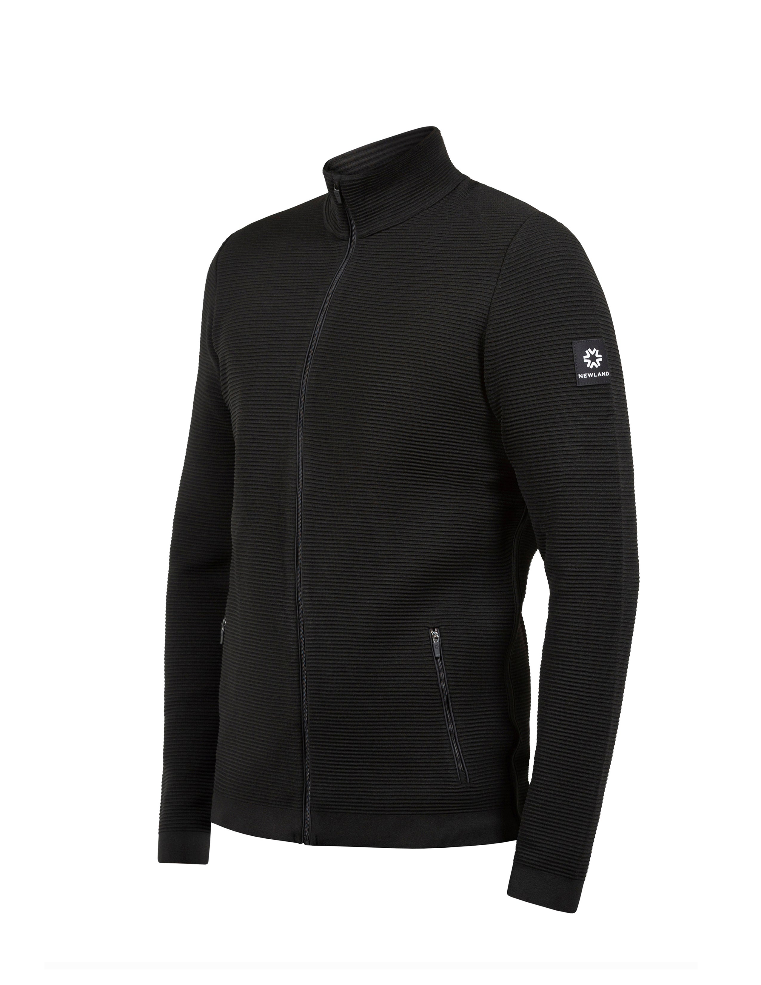 A black Newland Men's Valtournenche Jacket that is lightweight, breathable, stretchable, and moisture-wicking.