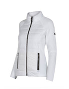 A white Newland Women's Aitana Hybrid Jacket that is insulated, moisture-wicking, stretchable, and breathable.