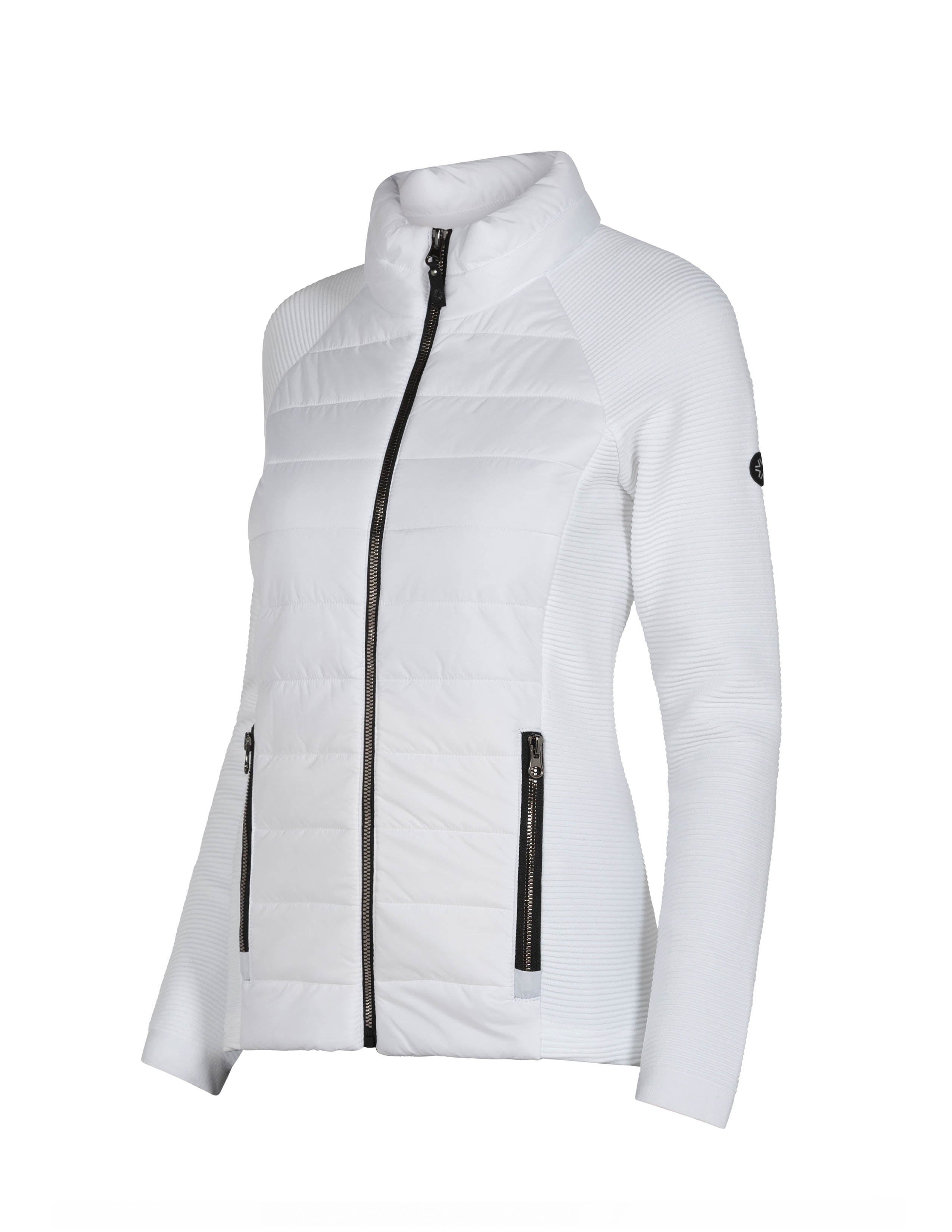 A white Newland Women's Aitana Hybrid Jacket that is insulated, moisture-wicking, stretchable, and breathable.