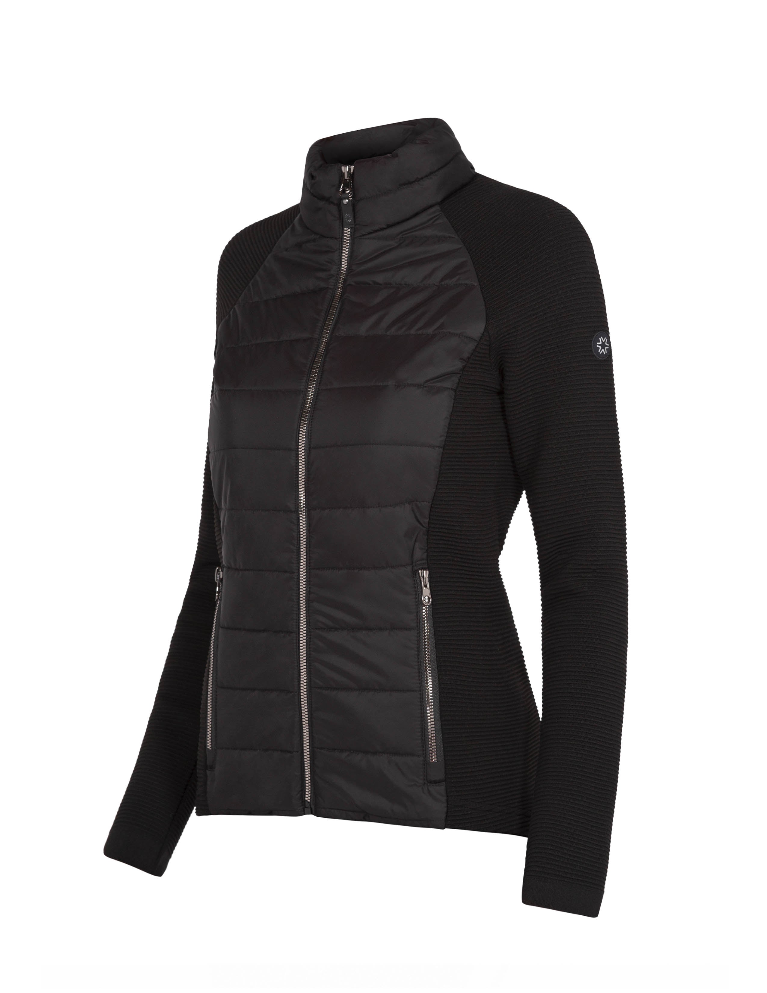 A black Newland Women's Aitana Hybrid Jacket that is insulated, moisture-wicking, stretchable, and breathable.