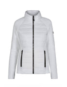 A white Newland Women's Aitana Hybrid Jacket that is insulated, moisture-wicking, stretchable, and breathable.