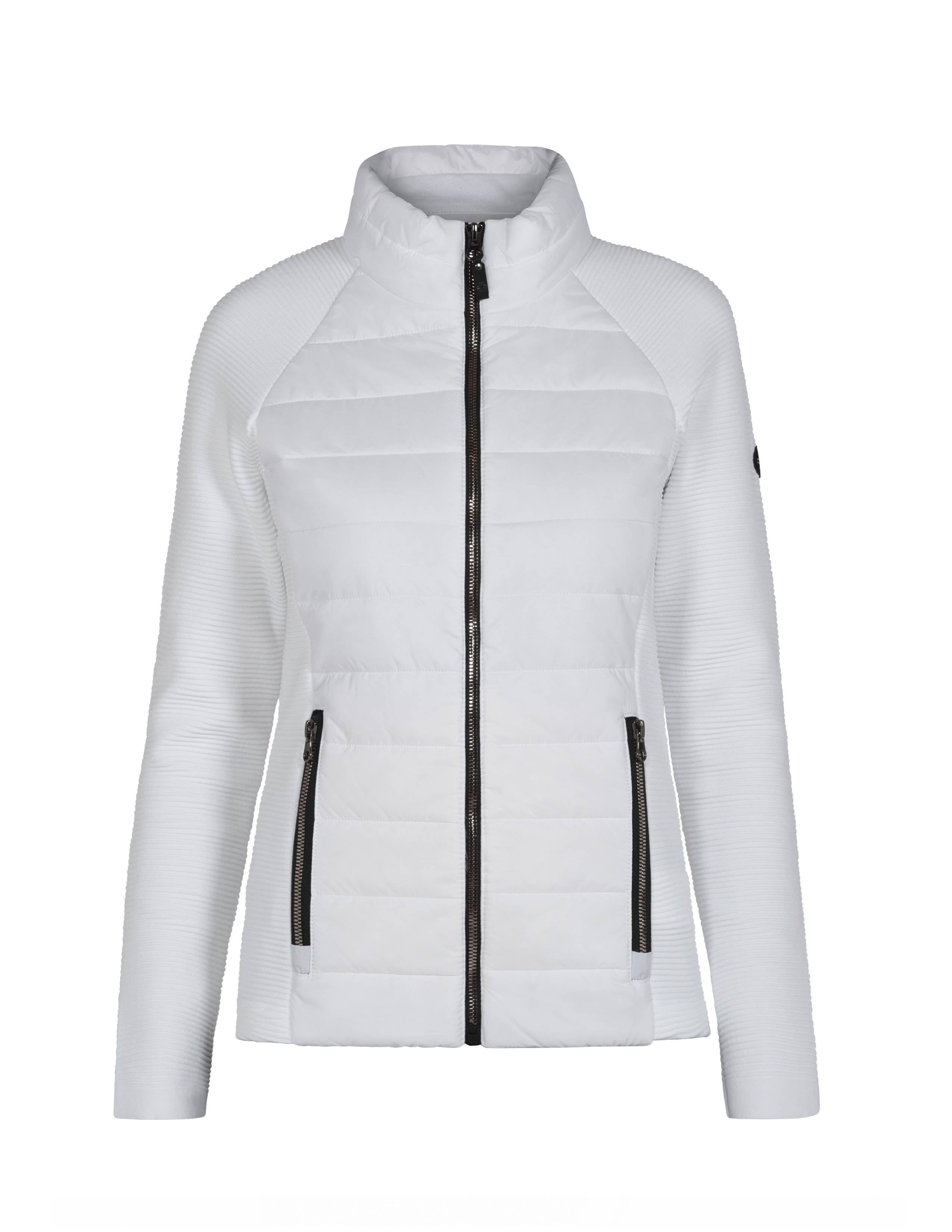A white Newland Women's Aitana Hybrid Jacket that is insulated, moisture-wicking, stretchable, and breathable.