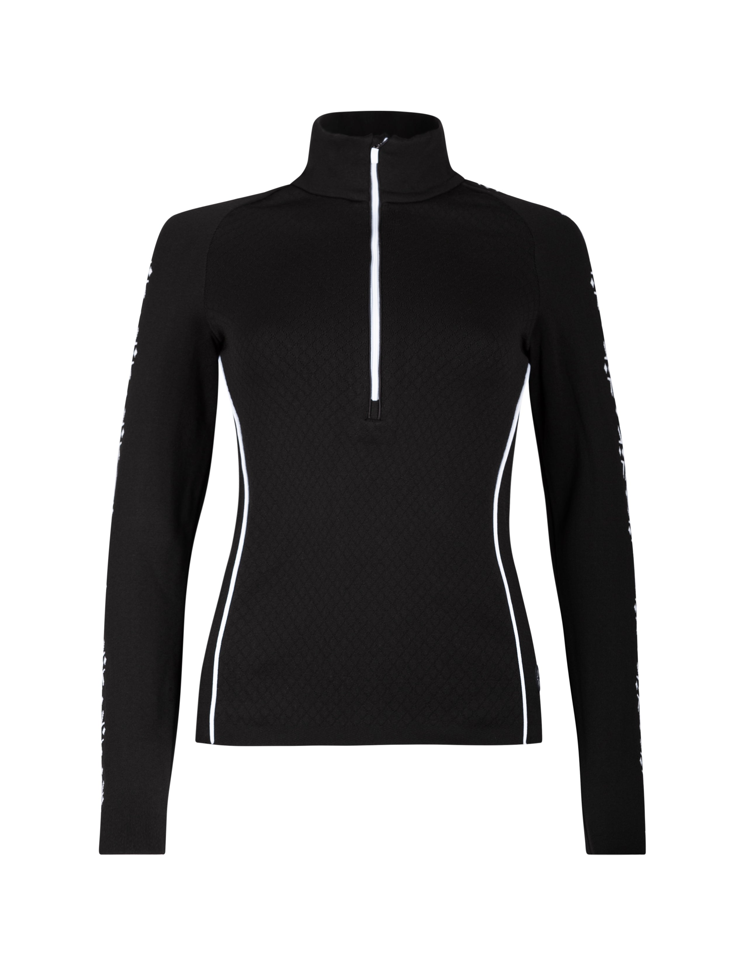 A black Newland Women's Crested Butte 1/2 Zip turtle neck midlayer sweater that is moisture-wicking, breathable, and stretchable.