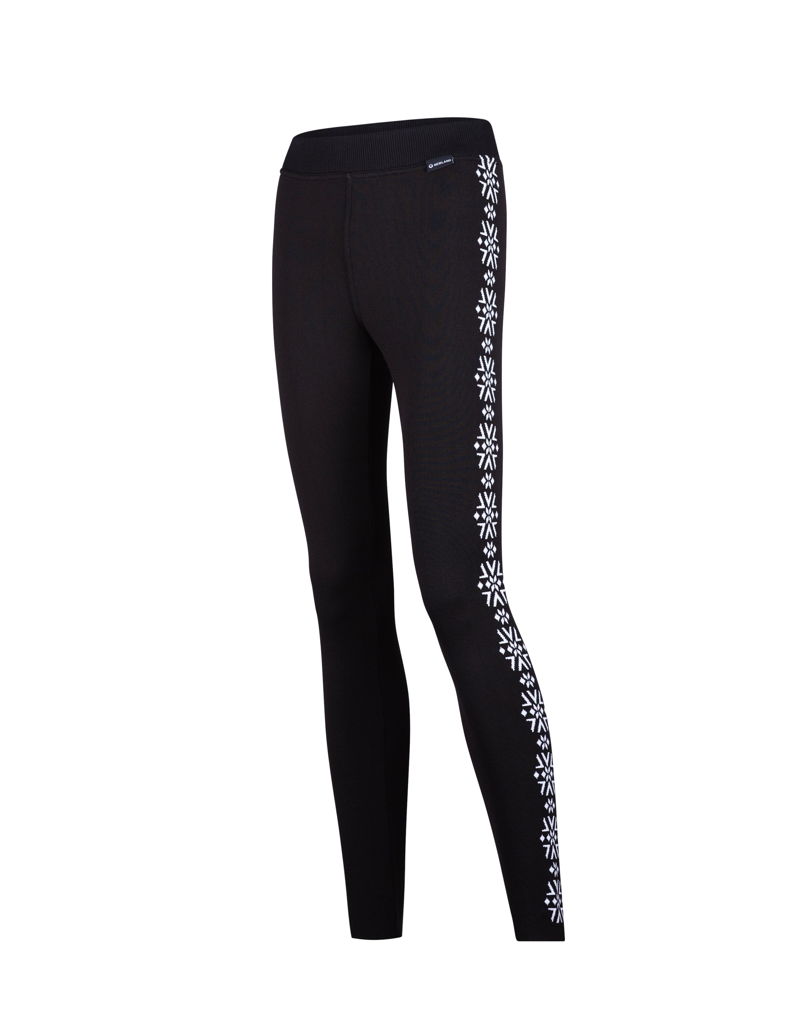 A pair of black Newland Women's Croix de Couer Leggings that feature a white snowflake pattern down the legs and are moisture-wicking, breathable, and stretchable.