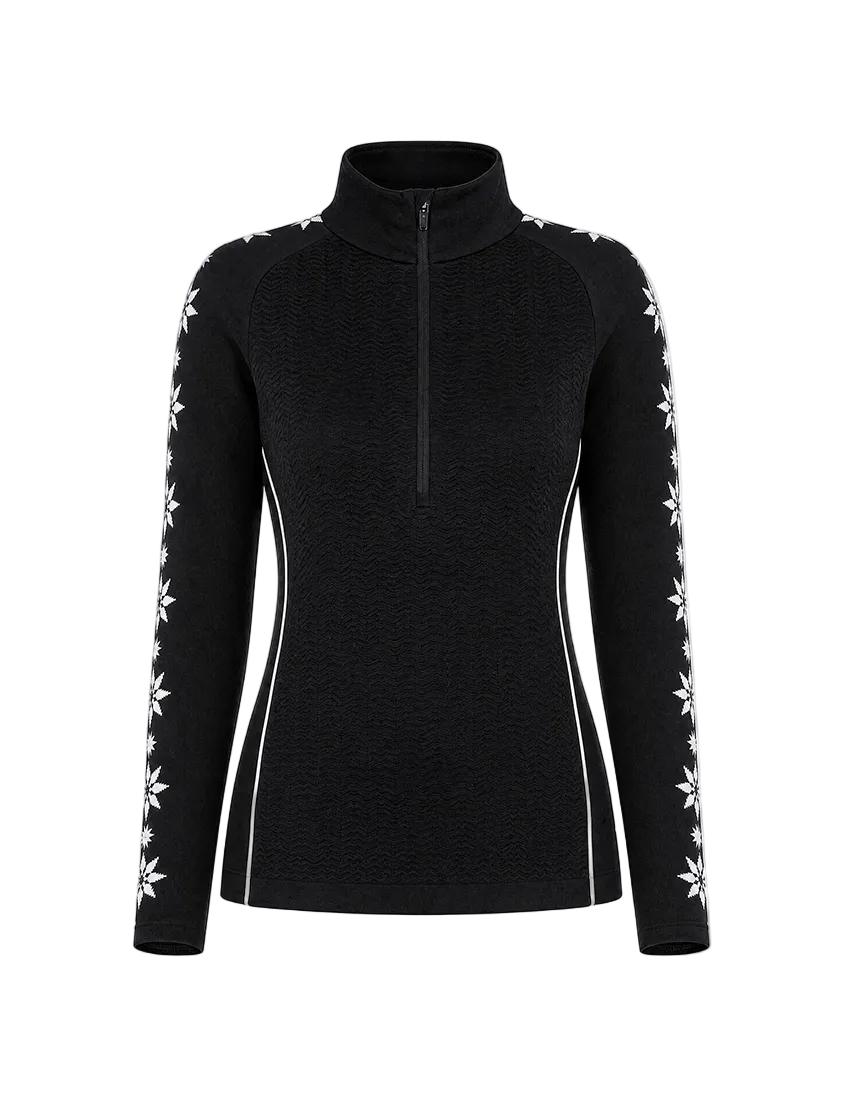 Newland Women’s Erynt Half-Zip Sweater featuring DHtech 400 heavyweight polypropylene technical knit, Scandinavian-inspired graphic jacquard design, and a high half-zip collar.