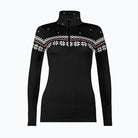 A black Newland Women's Hilde 1/2 Zip Sweater that features a white snowflake pattern and is moisture-wicking, breathable, and stretchable.