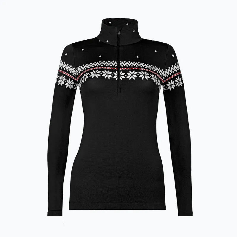 A black Newland Women's Hilde 1/2 Zip Sweater that features a white snowflake pattern and is moisture-wicking, breathable, and stretchable.