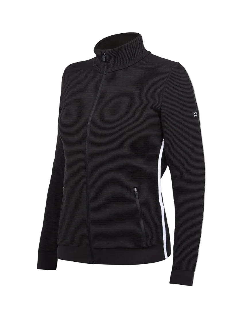 A black Newland Women's Senales Full Zip Sweater that is moisture-wicking, breathable, stretchable, and lightweight.