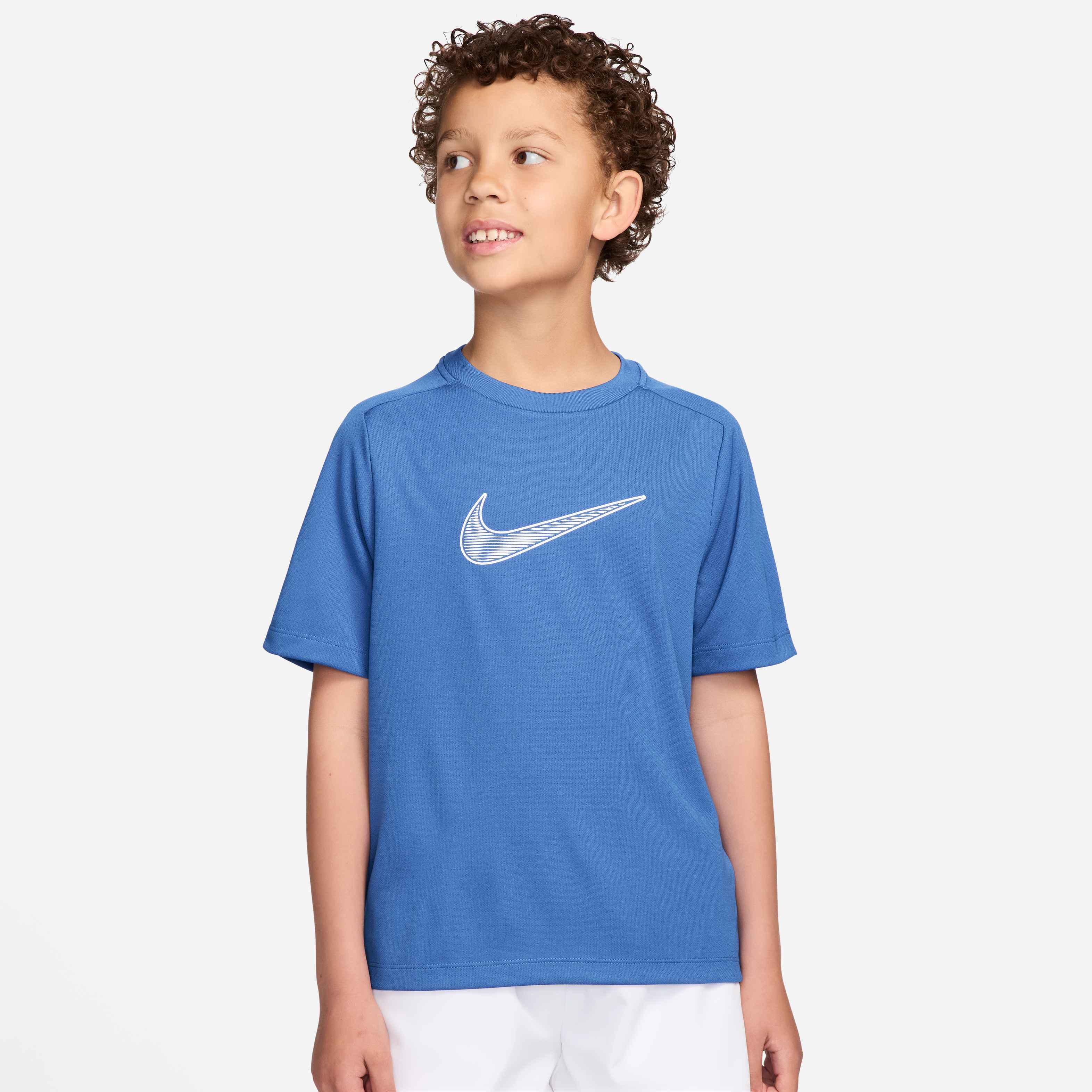 Nike Boys' Dri-FIT Short Sleeve Top featuring moisture-wicking technology, lightweight fabric, and an athletic fit for active kids.