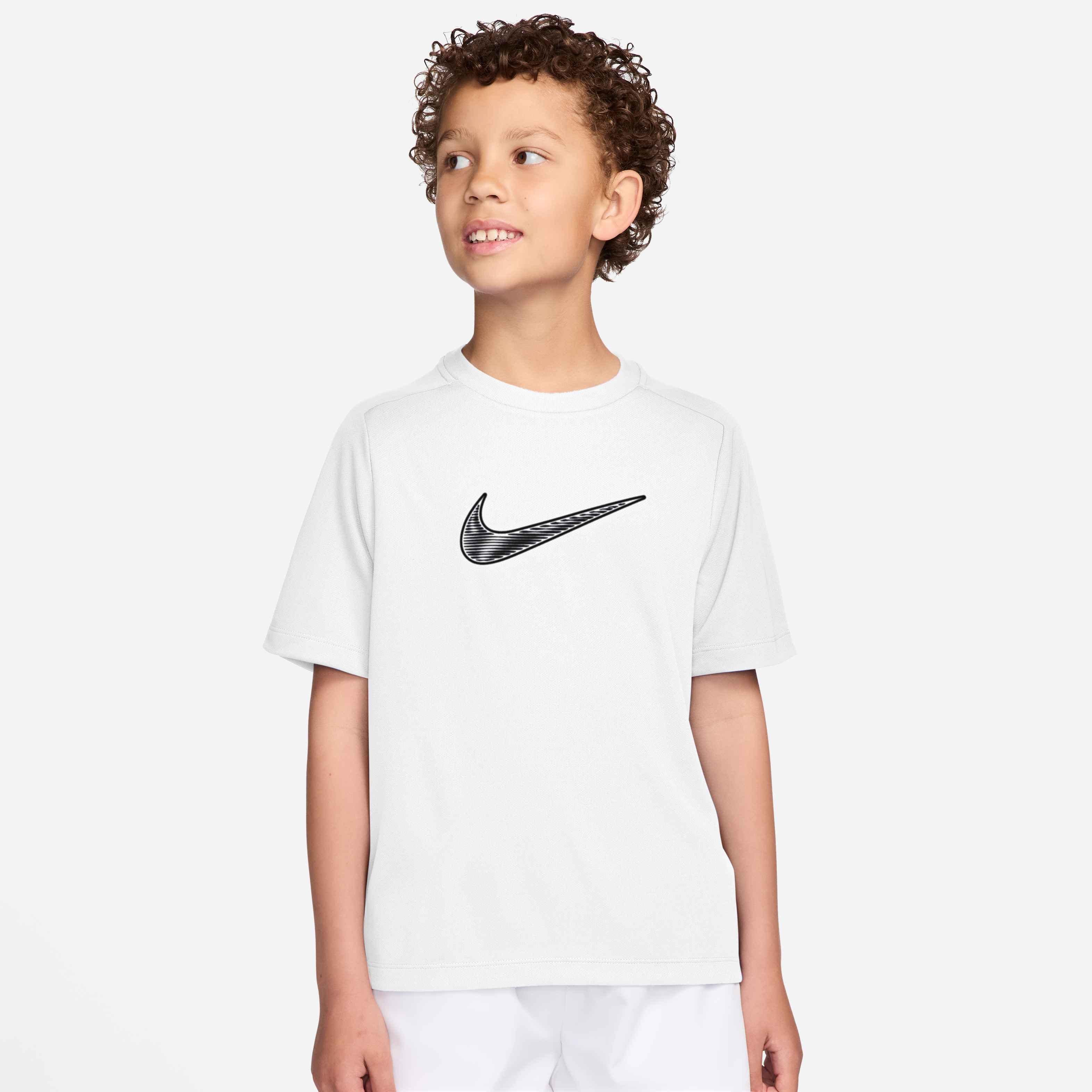 Nike Boys' Dri-FIT Short Sleeve Top featuring moisture-wicking technology, lightweight fabric, and an athletic fit for active kids.