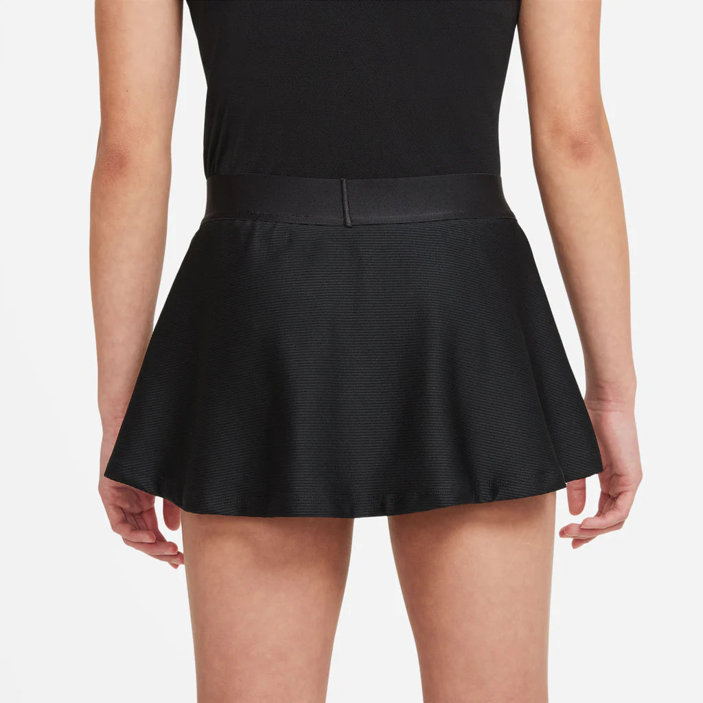 Nike Girls' Dri-FIT Victory Flouncy Skirt featuring sweat-wicking performance fabric, flouncy design, built-in shorts, and athletic styling.