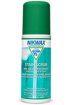 Nikwax Stain Scrub 125ml bottle featuring integrated brush applicator head, technical spot-cleaning formula, and PFC-free water-based indicator labeling.