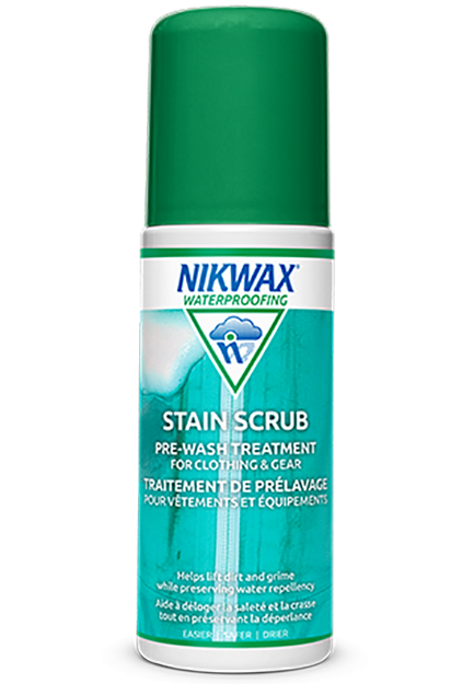 Nikwax Stain Scrub 125ml bottle featuring integrated brush applicator head, technical spot-cleaning formula, and PFC-free water-based indicator labeling.