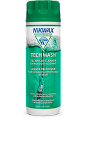 Nikwax Tech Wash 300ml bottle featuring technical non-detergent cleaning liquid formula, PFC-free water-based indicator labeling, and screw-cap dispenser.