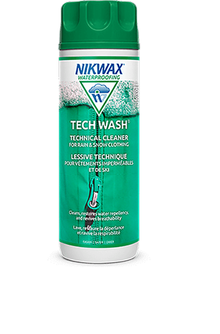 Nikwax Tech Wash 300ml bottle featuring technical non-detergent cleaning liquid formula, PFC-free water-based indicator labeling, and screw-cap dispenser.