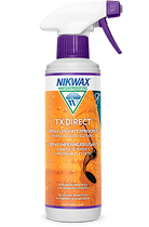 Front view of a 300ml spray bottle of Nikwax TX Direct Spray-On DWR treatment featuring a trigger spray nozzle and technical product labeling.