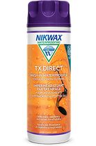 Front view of a 300ml bottle of Nikwax TX Direct Wash-In liquid DWR treatment featuring a screw-on cap and technical product labeling.