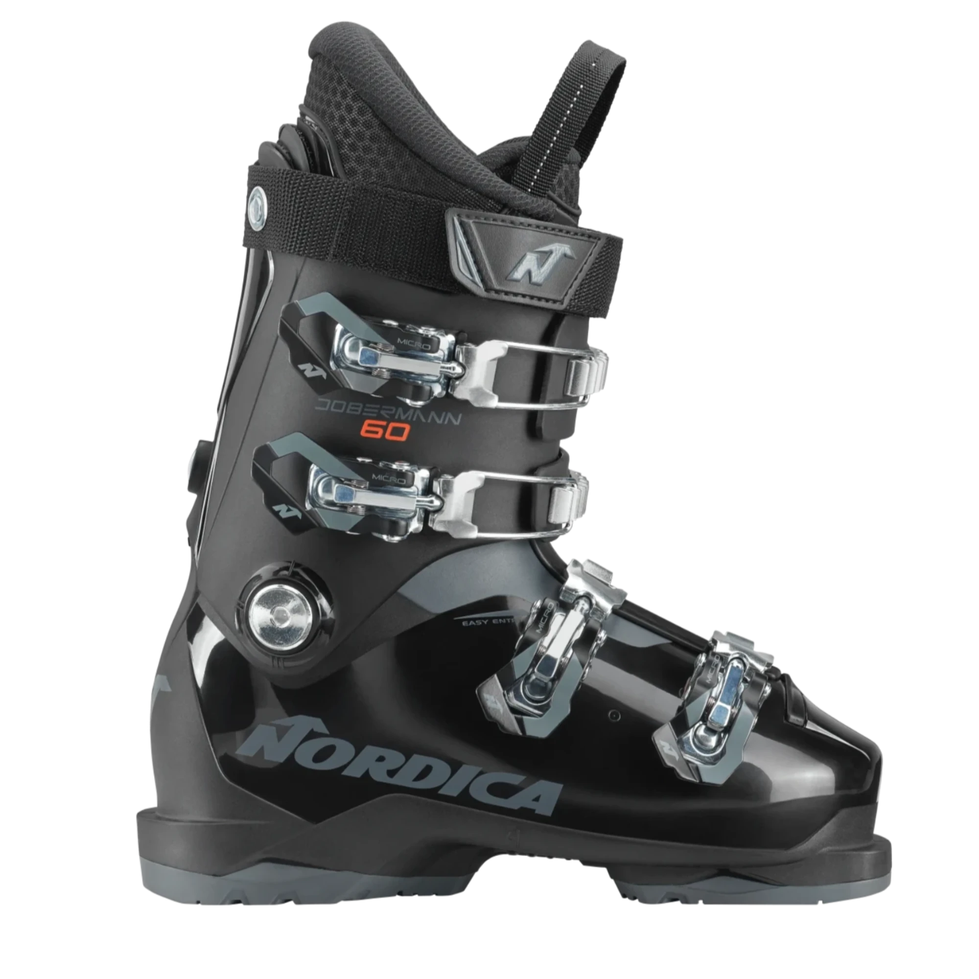 Nordica Dobermann 60 Ski Boots featuring a 60 flex, junior-specific fit, lightweight shell, precision liner, and race-inspired performance.