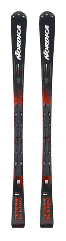 A photo of the Nordica Dobermann SLJ junior slalom race ski, featuring a full camber profile, narrow waist, full Titanal metal laminates over a wood core, Phenol sidewall construction, and a high-density racing graphite base.