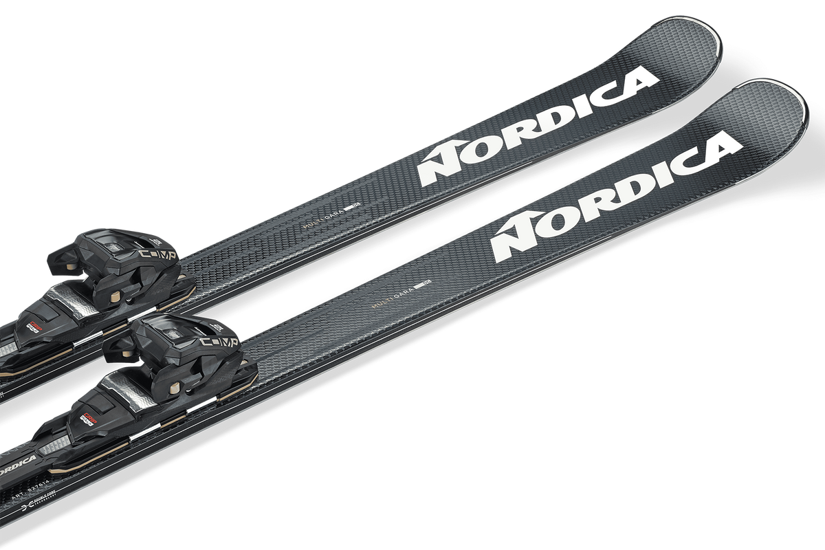 Nordica Multigara DC 74 Ti Skis 2027 in Greyblue and White with Comp 12 FDT bindings, 74 mm waist and Energy Ti Double Core.
