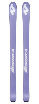 Nordica Santa Ana 80 S Junior Skis with 7.0 bindings in Midnight Blue and Purple, featuring all-mountain rocker and a lightweight wood core.