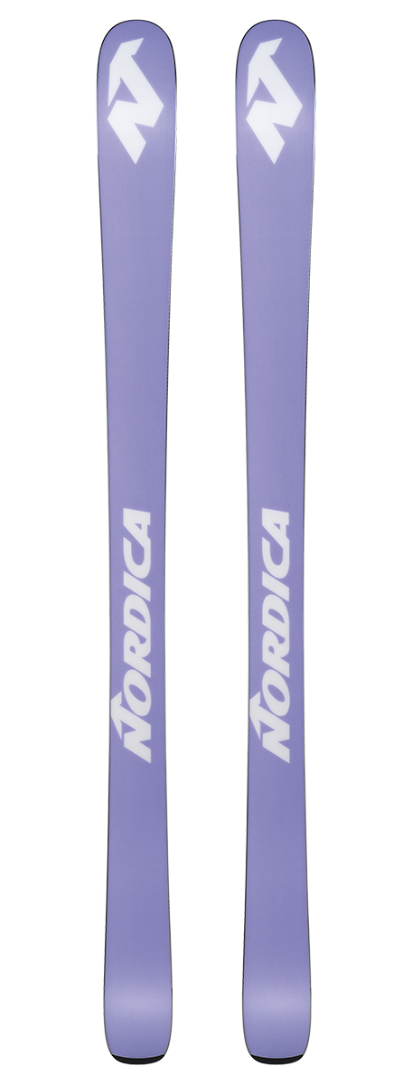 Nordica Santa Ana 80 S Junior Skis with 7.0 bindings in Midnight Blue and Purple, featuring all-mountain rocker and a lightweight wood core.