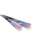 Nordica Santa Ana 80 S Junior Skis with 7.0 bindings in Midnight Blue and Purple, featuring all-mountain rocker and a lightweight wood core.