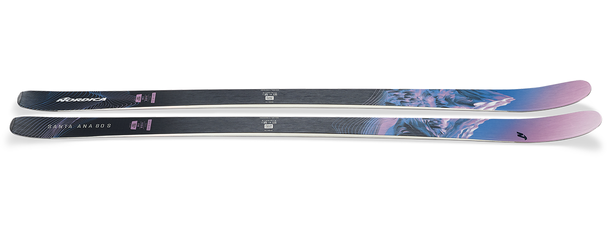 Nordica Santa Ana 80 S Junior Skis with 7.0 bindings in Midnight Blue and Purple, featuring all-mountain rocker and a lightweight wood core.