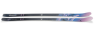 Nordica Santa Ana 80 S Junior Skis with 7.0 bindings in Midnight Blue and Purple, featuring all-mountain rocker and a lightweight wood core.