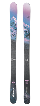 Nordica Santa Ana 80 S Junior Skis with 7.0 bindings in Midnight Blue and Purple, featuring all-mountain rocker and a lightweight wood core.