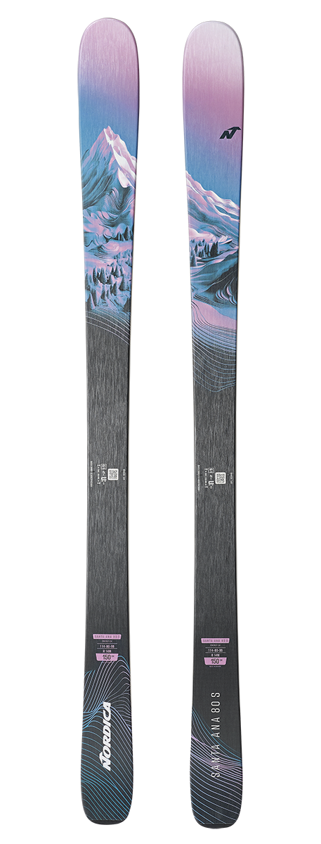 Nordica Santa Ana 80 S Junior Skis with 7.0 bindings in Midnight Blue and Purple, featuring all-mountain rocker and a lightweight wood core.