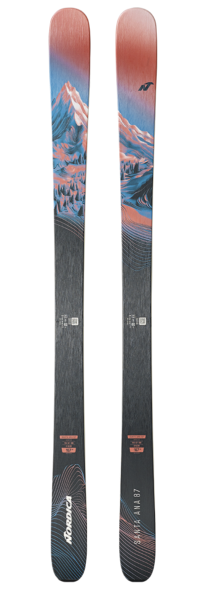 Nordica Santa Ana 87 Skis 2027 in Coral, Blue and Black with 87 mm waist and TSM Pulse Core construction.