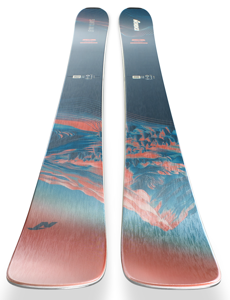 Nordica Santa Ana 97 Skis 2027 in Salmon, Turquoise and Navy with 97 mm waist and TSM Pulse Core construction.