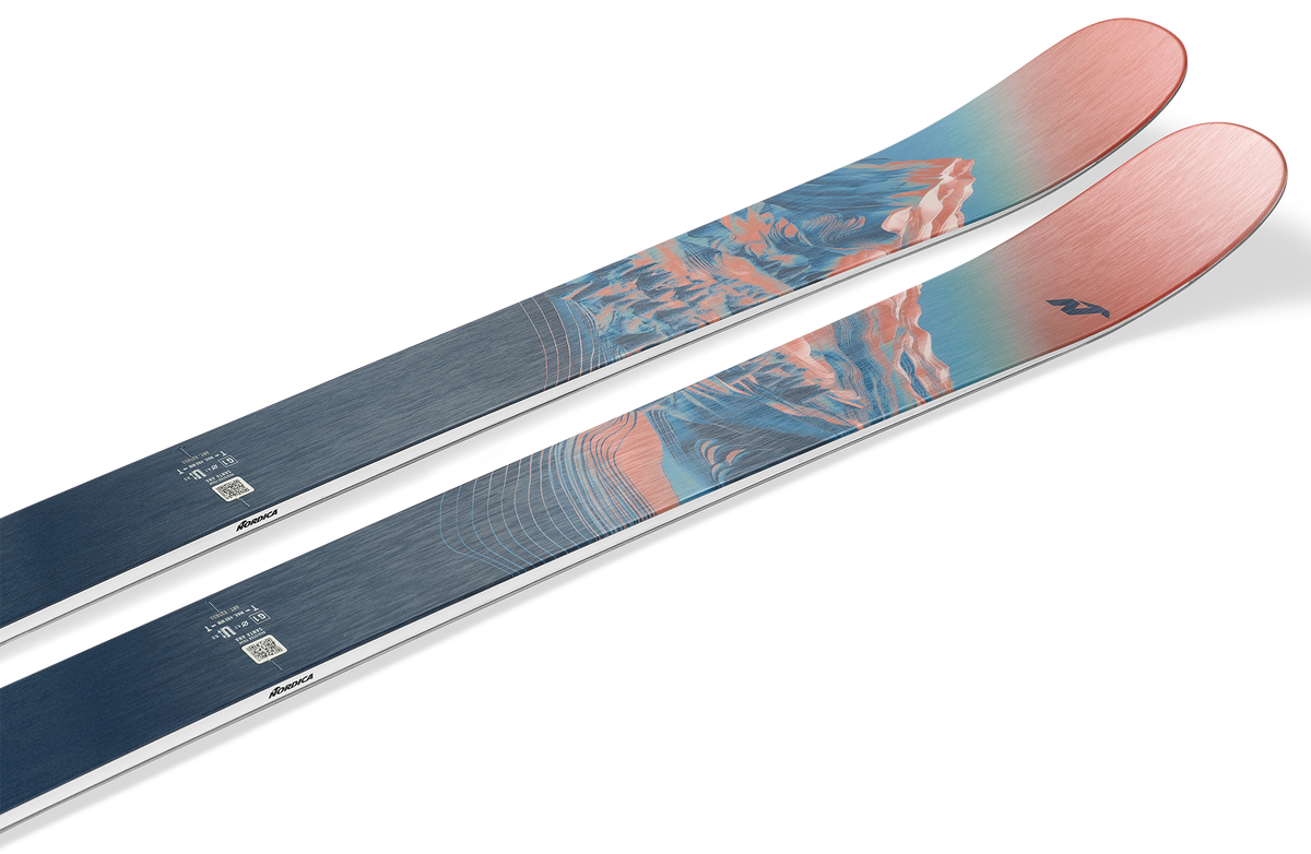 Nordica Santa Ana 97 Skis 2027 in Salmon, Turquoise and Navy with 97 mm waist and TSM Pulse Core construction.