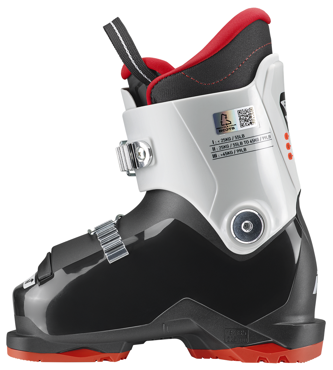 Nordica Speedmachine J2 Junior Ski Boots with two aluminum buckles, lightweight Triax shell and adjustable flex system.